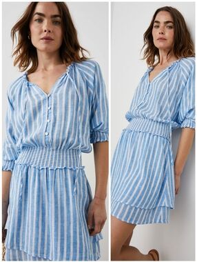 Rails Linen Smocked Waist Crystal Blue White Striped Dress, M